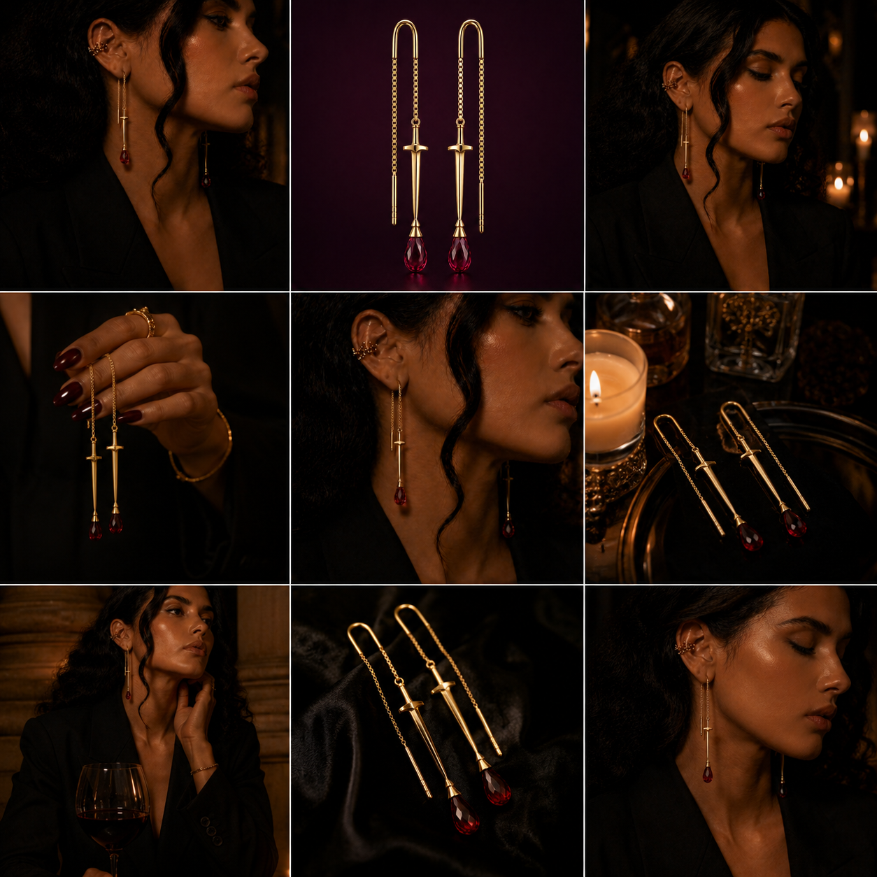 Collage of 18k gold sword threader earrings with a woman wearing them | THE SOVEREIGN SWORD THREADER EARRINGS BY ELIZA