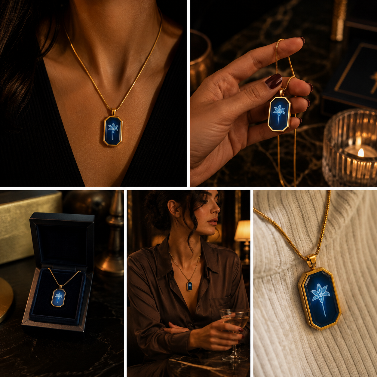 Collage of a necklace with a blue pendant worn by a woman, held in hand, and displayed in a box.