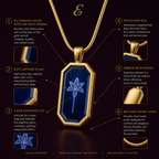 925 Sterling Silver with 18k Gold Vermeil, Integrated Bail, Blue Sapphire Glass, Mirror High Polish, Laser Engraved Lily, Rounded Snake Chain