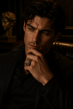 Man wearing The Reckoning black rhodium signet ring, 925 sterling silver with 18k gold vermeil and natural ruby