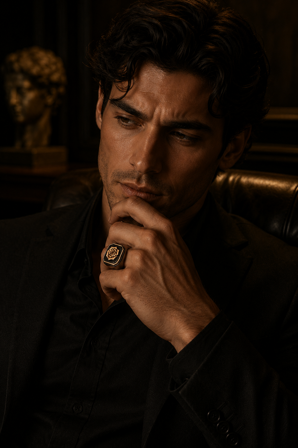 Man wearing The Reckoning black rhodium signet ring, 925 sterling silver with 18k gold vermeil and natural ruby