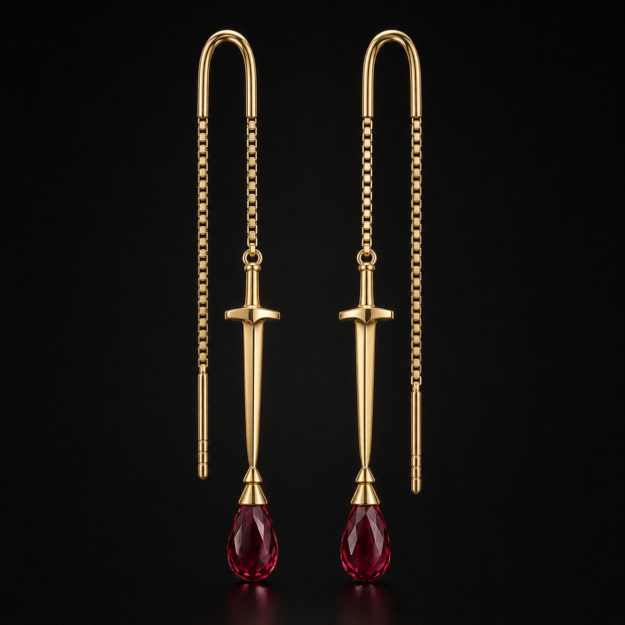 Main profile view of The sovereign solid 18k. gold threader earrings in black background