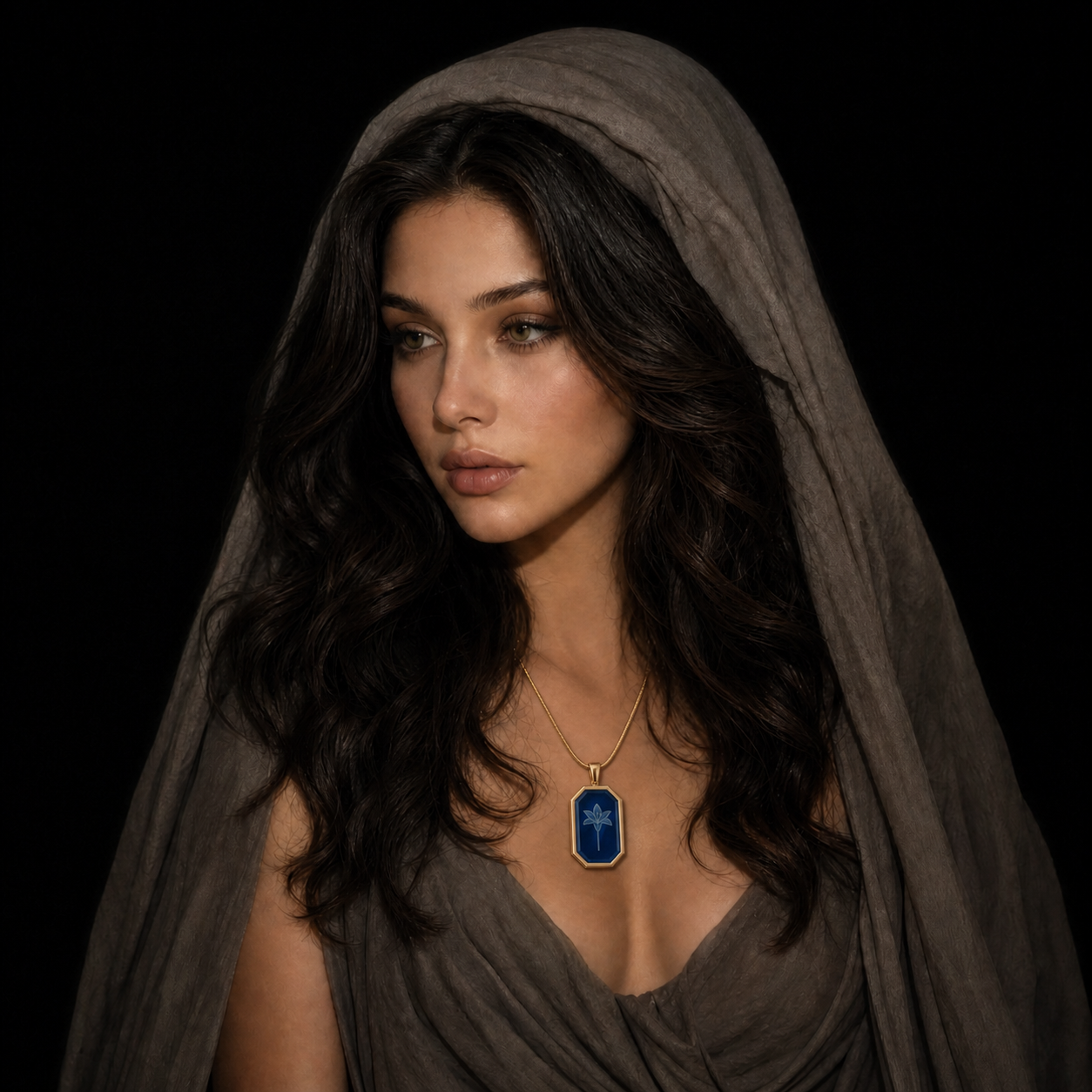 Woman wearing the awakened glowing lily pendant made of 925 sterling silver with 18k gold vermeil, glowing lily pendant, premium heirloom necklace
