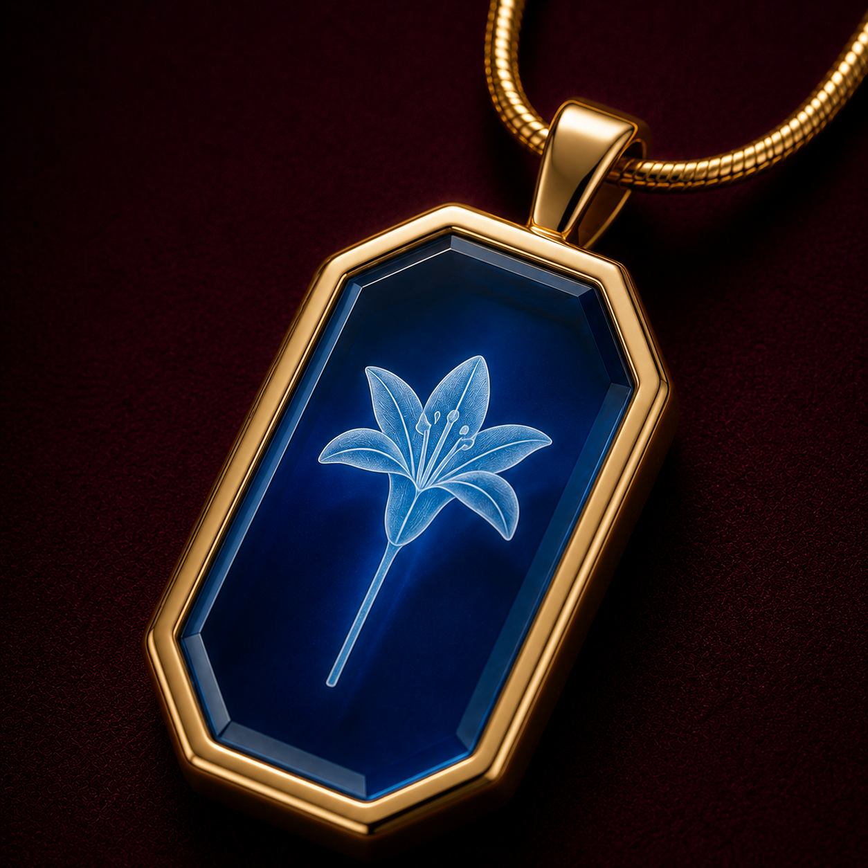 Gold pendant with blue stone featuring a floral design on a dark background