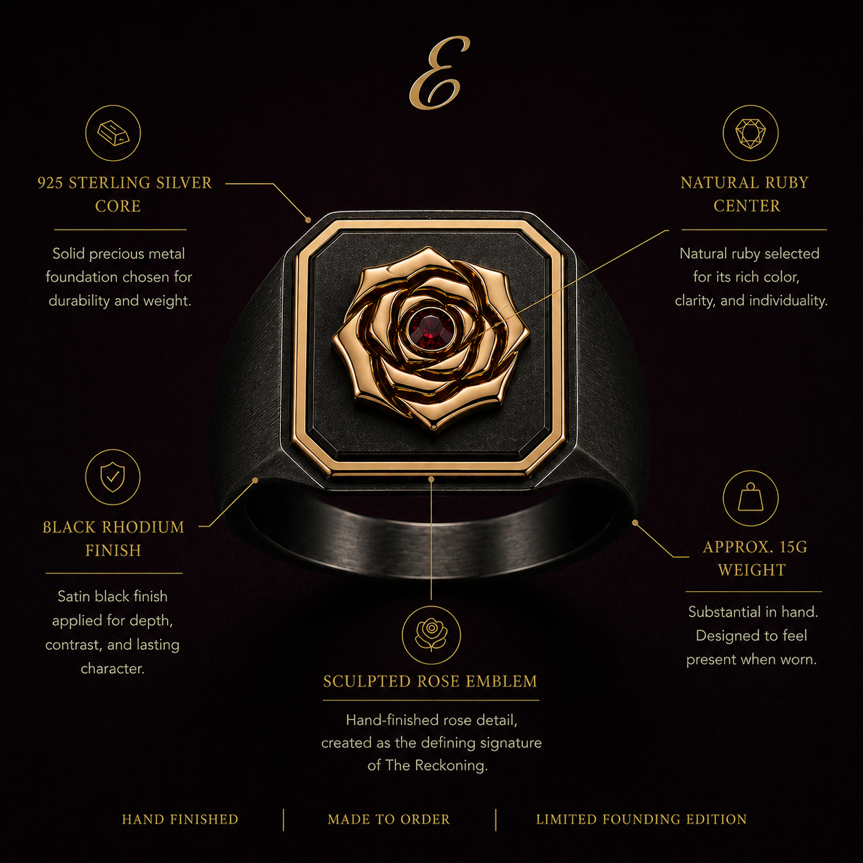 925 Sterling silver signet ring with black rhodium finish, 18k gold vermeil rose emblem, natural ruby center