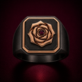 Black rhodium signet ring with 18k gold vermeil rose design and ruby gemstone 