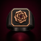 Black rhodium signet ring with 18k gold vermeil rose design and ruby gemstone 