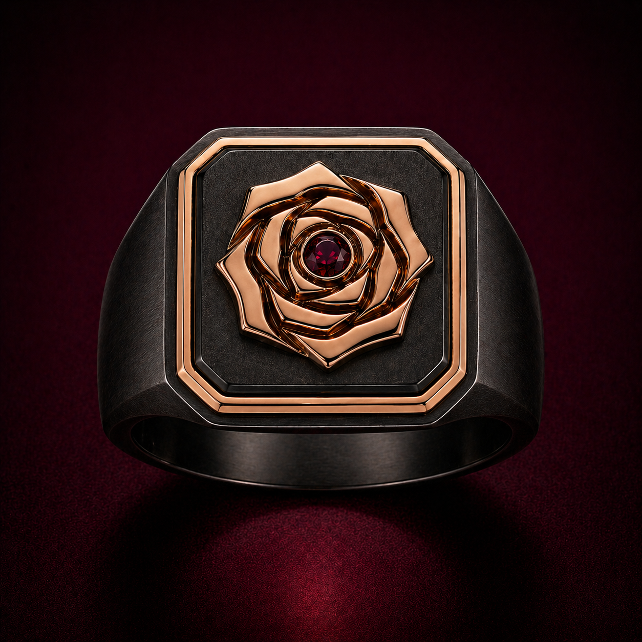 Black rhodium signet ring with 18k gold vermeil rose design and ruby gemstone 