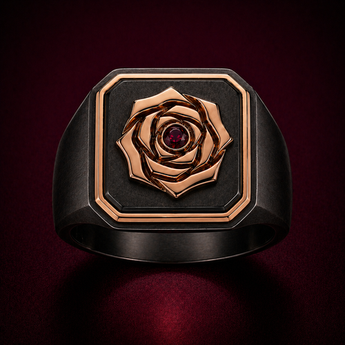 Black rhodium signet ring with 18k gold vermeil rose design and ruby gemstone 