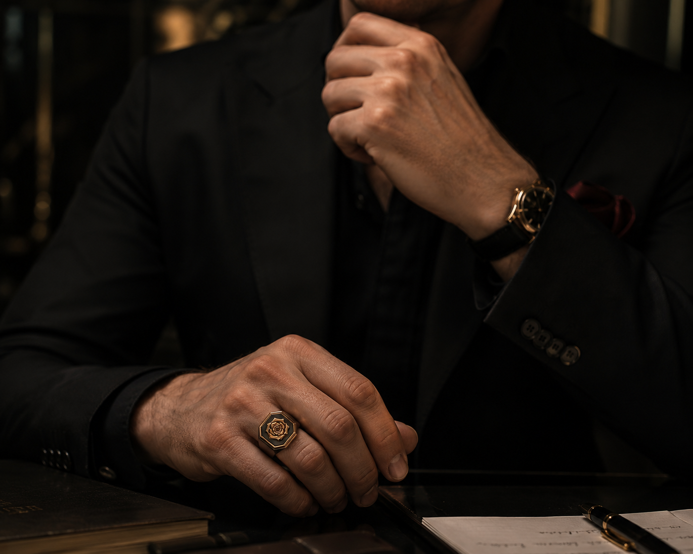 Person wearing a black suit with a watch and ring, sitting at a desk.