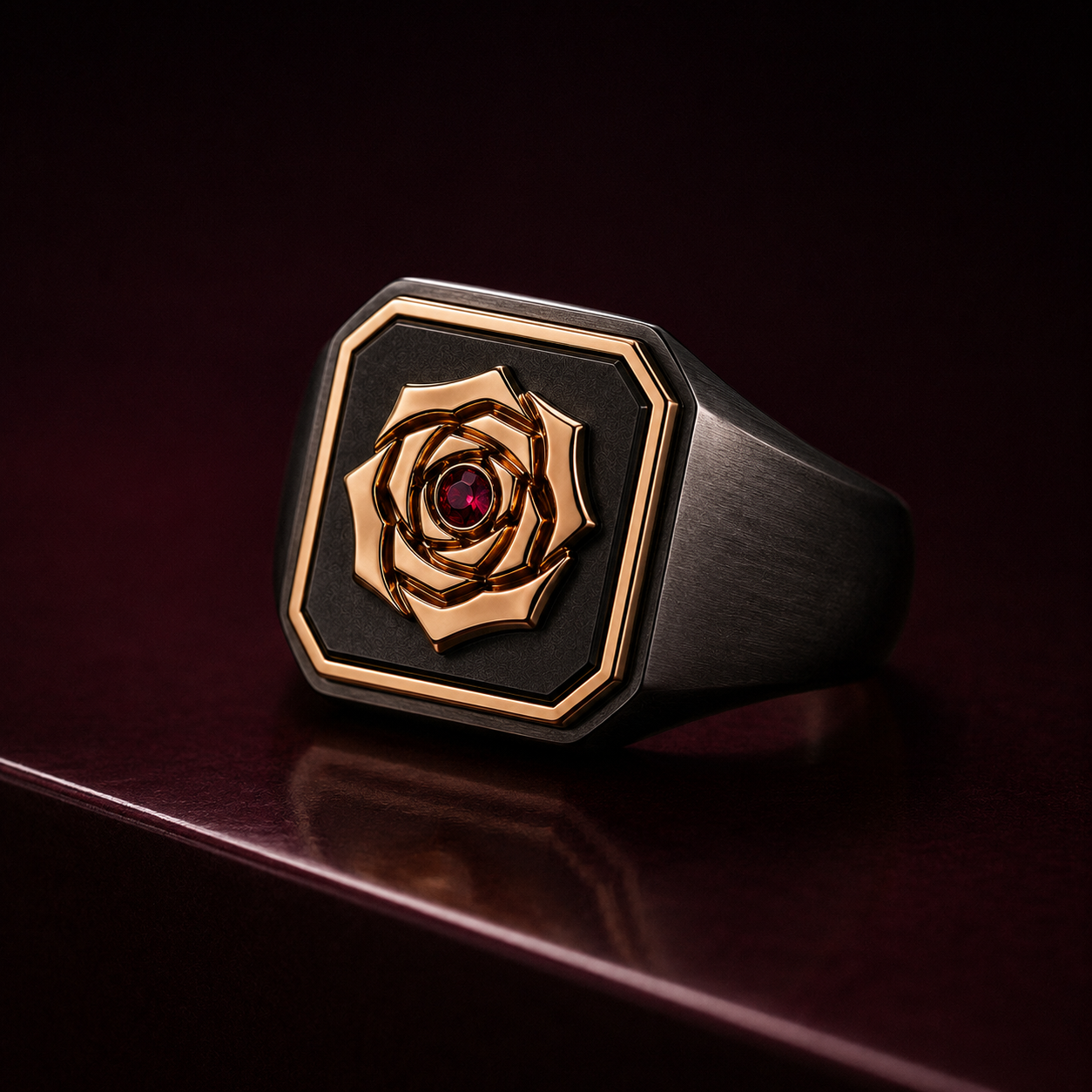 925 sterling silver signet ring with black rhodium finish, ruby at center
18k gold vermeil rose