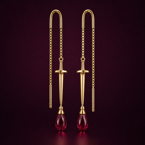 Front view of The Sovereign sword threader earrings in solid 18k gold with briolette ruby drop, from the Aurkhem collection by Eliza.