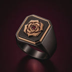 360 VIDEO OF THE RECKONING - BLACK RHODIUM SIGNET RING, STERLING SILVER RING WITH NATURAL RUBY ON THE CENTRE, ROSE GOLD VERMEIL ON TOP