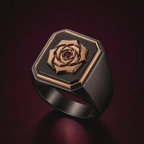 360 VIDEO OF THE RECKONING - BLACK RHODIUM SIGNET RING, STERLING SILVER RING WITH NATURAL RUBY ON THE CENTRE, ROSE GOLD VERMEIL ON TOP