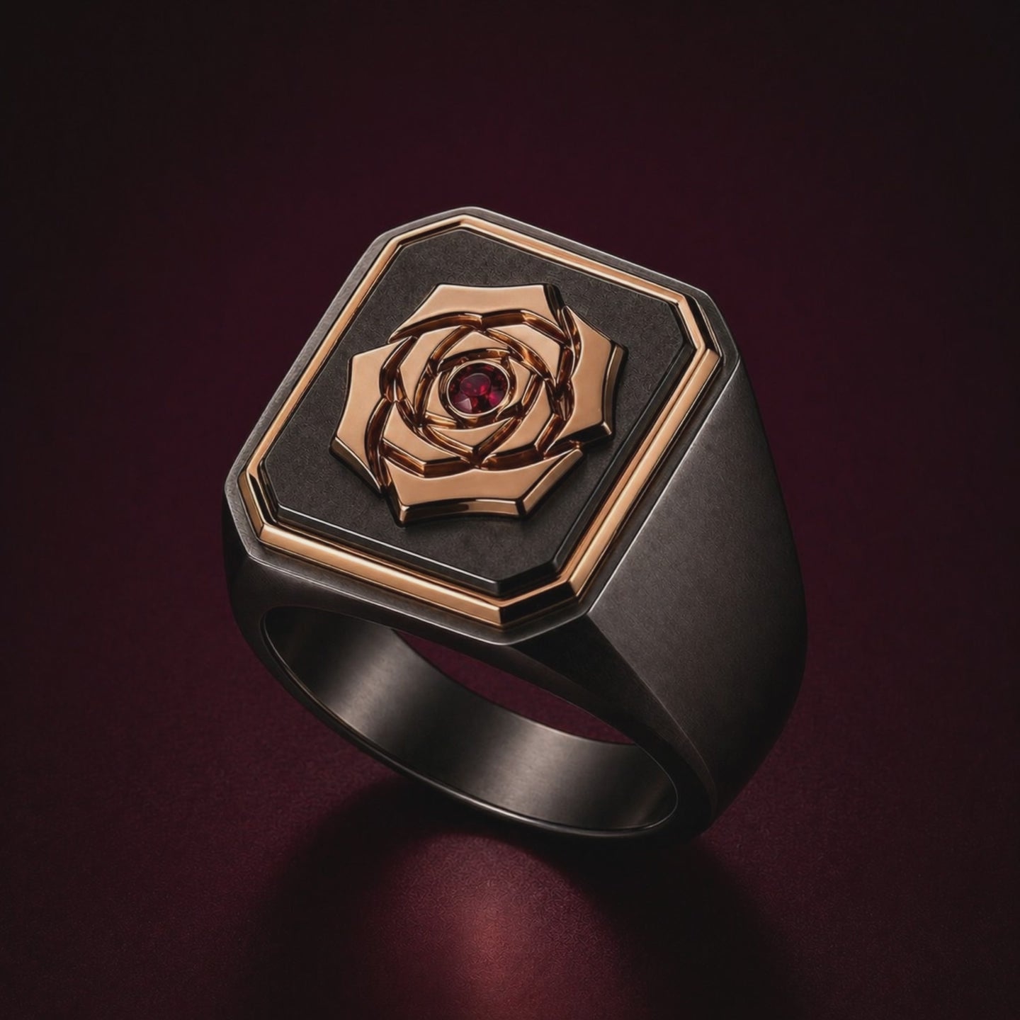 360 VIDEO OF THE RECKONING - BLACK RHODIUM SIGNET RING, STERLING SILVER RING WITH NATURAL RUBY ON THE CENTRE, ROSE GOLD VERMEIL ON TOP